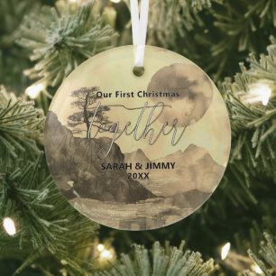 Kerst Sepia Mountain Adventure Outdoor Paar Glas Ornament