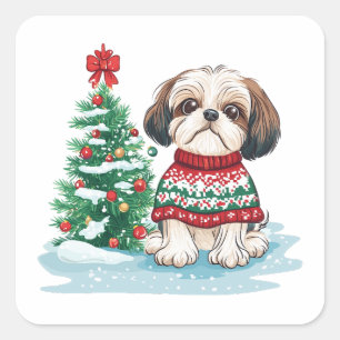 Kerst Shih Tzu Kerstman Hond Vierkante Sticker