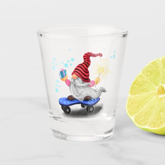 Kerst Shot Glas Skater Gnoom met geschenken (Voorkant)