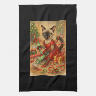 Kerst Siamese Kat Poster Vakantie Thuis  Theedoek