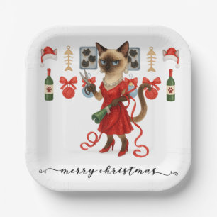Kerst Siamese Kat viert feest thuis Papieren Bordje
