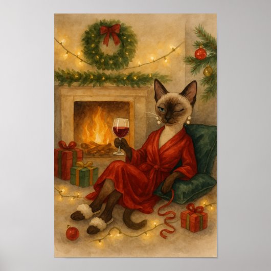 Kerst Siamese kat viert feest thuis Poster (Voorkant)