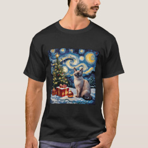Kerst Siamese Kattenkunst Van Gogh De Sterrennacht T-shirt
