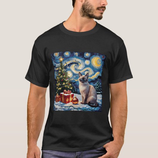 Kerst Siamese Kattenkunst Van Gogh De Sterrennacht T-shirt (Voorkant)