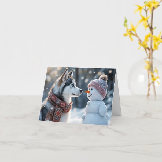 Kerst Siberische Husky met Sneeuwman Kaart (Gele Bloem)