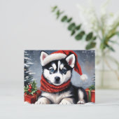 Kerst Siberische Husky Puppy Dragen Santa Hat Feestdagenkaart (Staand voorkant)