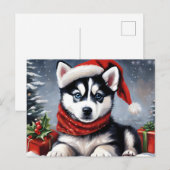 Kerst Siberische Husky Puppy Dragen Santa Hat Feestdagenkaart (Voorkant / Achterkant)