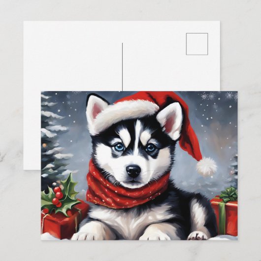 Kerst Siberische Husky Puppy Dragen Santa Hat Feestdagenkaart (Voorkant / Achterkant)