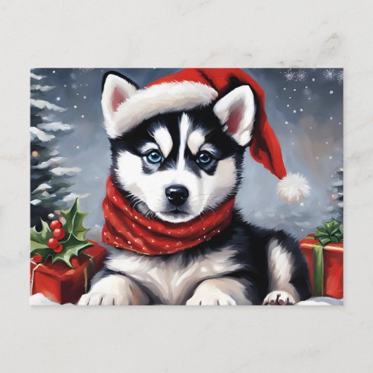 Kerst Siberische Husky Puppy Dragen Santa Hat Feestdagenkaart (Voorkant)