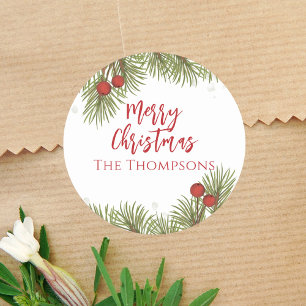 Kerst Simpel Rood Hulst Bessen Dennenbladeren Ronde Sticker