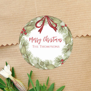 Kerst Simple Red Holly Berries Pine Wreate Ronde Sticker