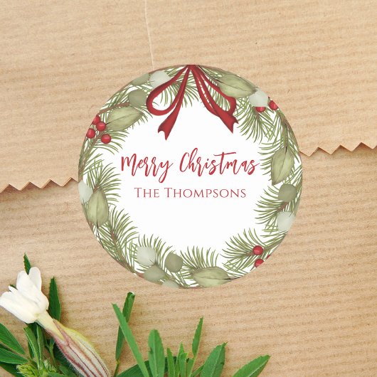 Kerst Simple Red Holly Berries Pine Wreate Ronde Sticker
