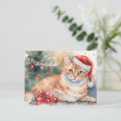 Kerst Sinaasappel Kat in Santa Hat Waterverf Feestdagenkaart (Staand voorkant)
