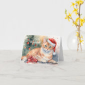 Kerst Sinaasappel Kat in Santa Hat Waterverf Kaart (Gele Bloem)