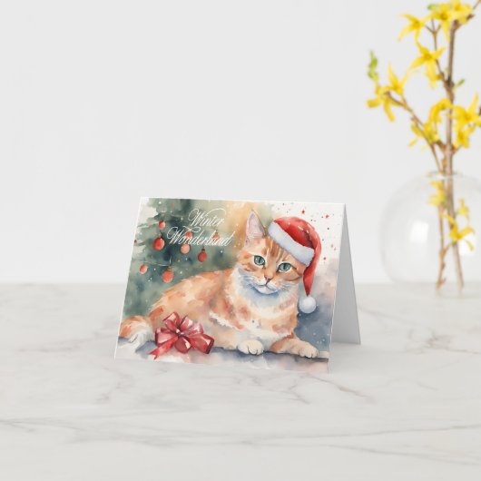 Kerst Sinaasappel Kat in Santa Hat Waterverf Kaart (Gele Bloem)