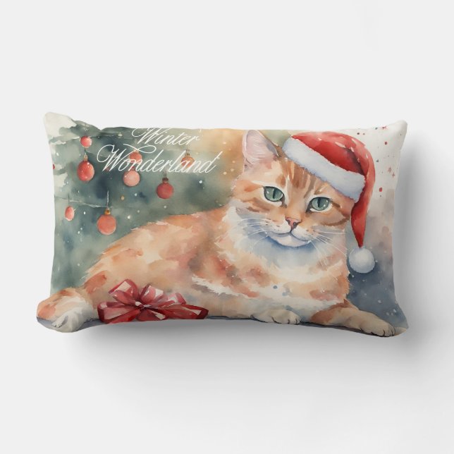 Kerst Sinaasappel Kat in Santa Hat Waterverf Kussen (Voorkant)