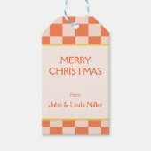 Kerst Sinaasappel Retro Checker Patroon Cadeaulabel (Voorkant)