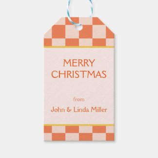 Kerst Sinaasappel Retro Checker Patroon Cadeaulabel