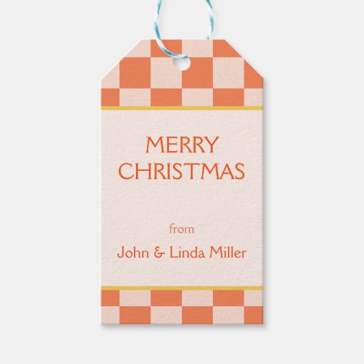 Kerst Sinaasappel Retro Checker Patroon Cadeaulabel (Voorkant)