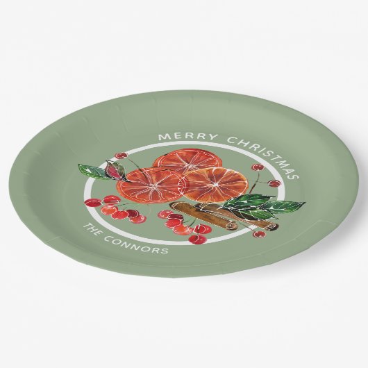 Kerst Sinaasappel Slices Kaneel Sticks Bessen Papieren Bordje (Gekanteld)
