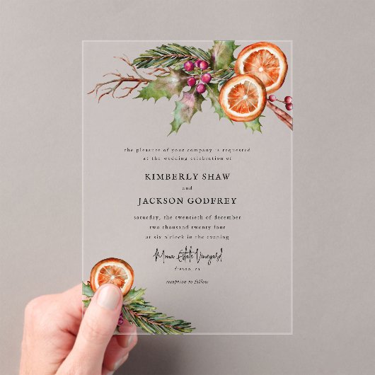 Kerst Sinaasappel Slices Mistletoe Wedding Acryl Uitnodigingen (Insitu (Draagbaar))