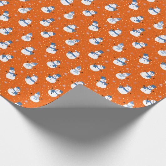 Kerst Sinaasappel Wrapping Papier met Sneeuwmannen (Hoek)
