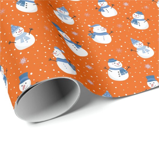 Kerst Sinaasappel Wrapping Papier met Sneeuwmannen (Rol Hoek)