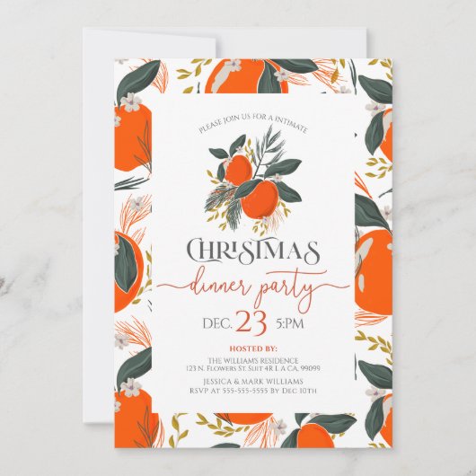 Kerst sinaasappels & bloemen patroonfeest uitnodig kaart (Voorkant)