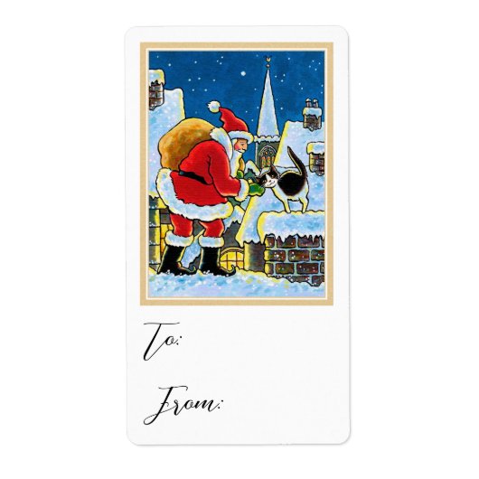 Kerst Sinterklaas Kat Cadeau Sticker Label (Voorkant)