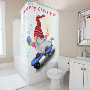 Kerst Skater Gnome met Gift Douche Gordijn
