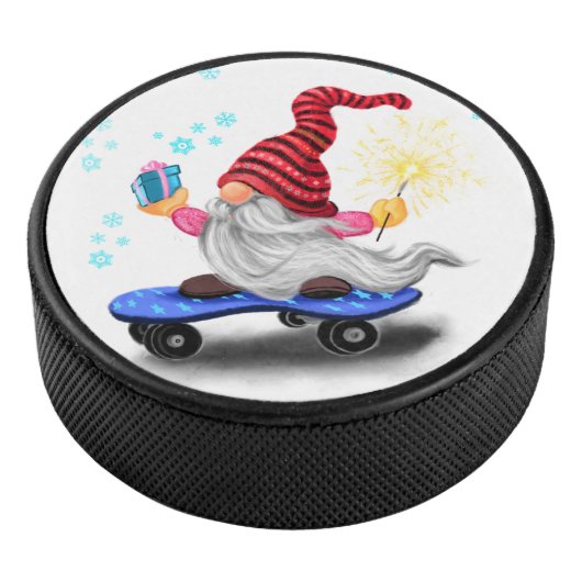 Kerst Skater Gnome met Gift Hockey Puck (3/4)