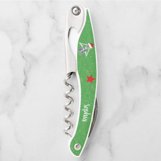 Kerst Skelet Ornamenten Santa Hat Star Groen Kurkentrekker (Voorkant)