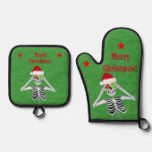 Kerst Skelet Ornamenten Sterren op Groen Ovenwant & Pannenlap Set (Voorkant)