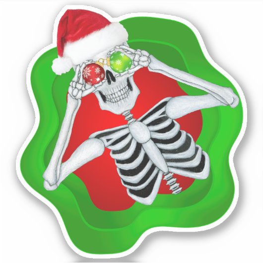 Kerst Skelet Santa Hat Ornamenten Groen Rood Sticker (Voorkant)