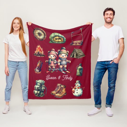 Kerst Ski Animal Adventure Beer Outdoor Maroon Fleece Deken (In situ)