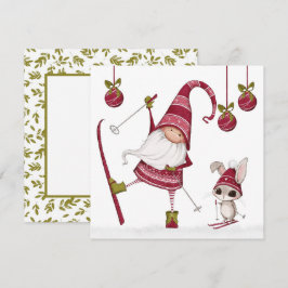 Kerst-ski-kabouter en konijn kerstkaart