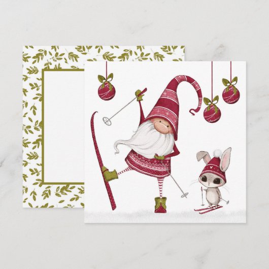 Kerst-ski-kabouter en konijn kerstkaart (Voorkant / Achterkant)