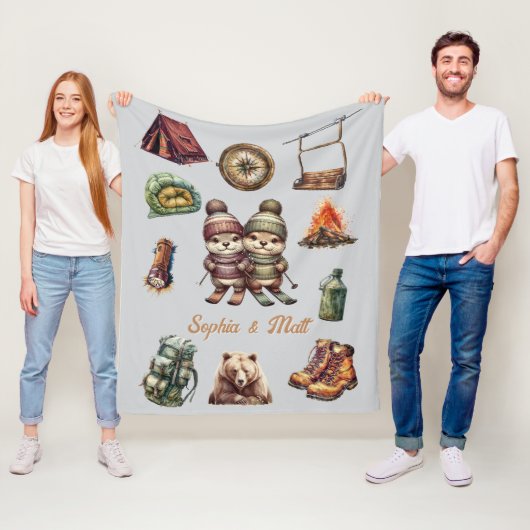 Kerst Skiën Dier Otter Paar Outdoor Grijs Fleece Deken (In situ)