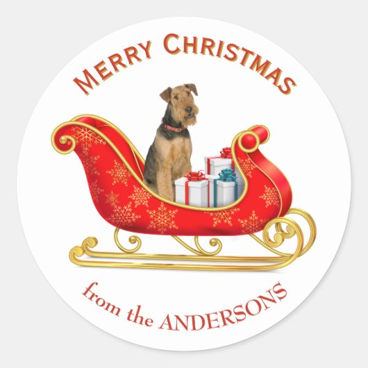 Kerst slee Airedale Terrier hond Ronde Sticker (Voorkant)