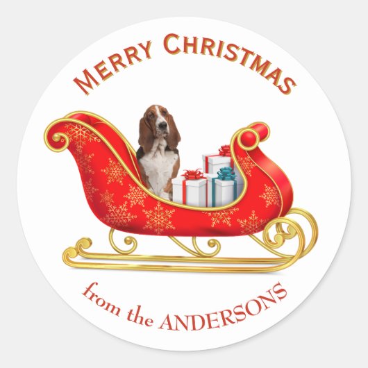 Kerst slee Basset Hound hond Ronde Sticker (Voorkant)