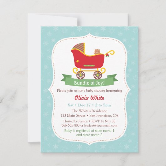 Kerst slee kinderwagen babyshower uitnodigingen (Voorkant)
