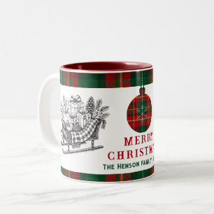 Kerst slee met cadeaus en ruitmotief  tweekleurige koffiemok