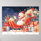 Kerst slee met cadeaus en sneeuwman poster (Voorkant)