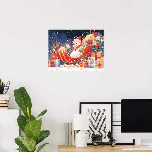 Kerst slee met cadeaus en sneeuwman poster (Thuiskantoor)