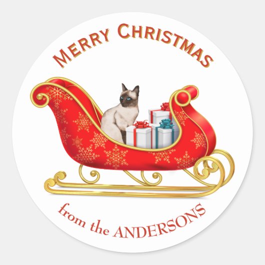 Kerst slee Siamese kat Ronde Sticker (Voorkant)