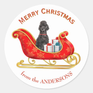 Kerst slee zwart poedel hond ronde sticker
