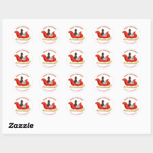 Kerst slee zwarte poedel hond ronde sticker (Vel)