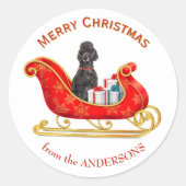 Kerst slee zwarte poedel hond ronde sticker (Voorkant)