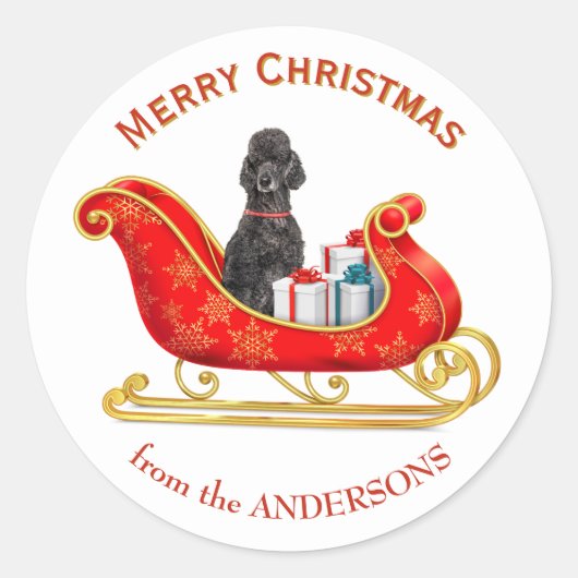 Kerst slee zwarte poedel hond ronde sticker (Voorkant)