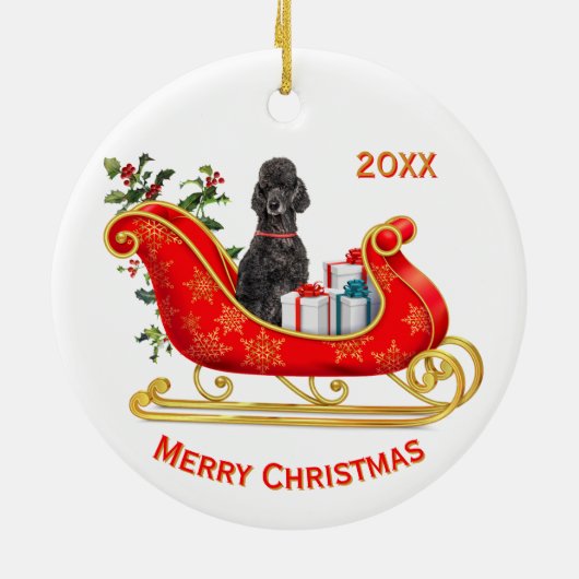 Kerst Sleigh Black Poedel Hond Keramisch Ornament (Achterkant)